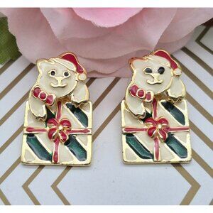 AIM CHRISTMAS Earrings 3-D Rotatable Kittens On Presents Enamel 1" Pierced